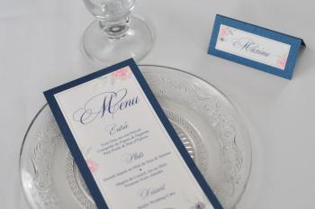 Menu & porte-nom thème chic navy & blanc